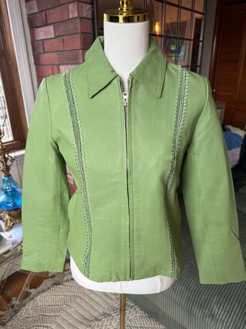 Vintage Light Green Leather Zip-Front Jacket